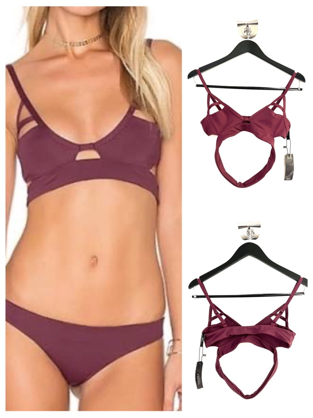 TAVIK Bikini Top Small Burgundy Wine Strappy Cutout Swimwear Made USA Festival